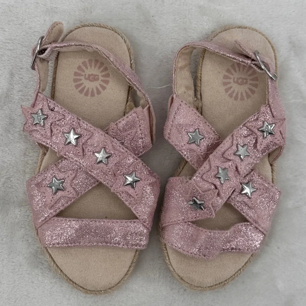 UGG Kids Allairey Pink & Silver Glitter Star Espadrille Sandals Toddler Size 10